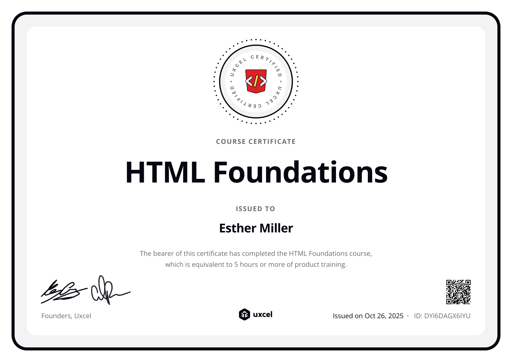 Esther Miller's certificate